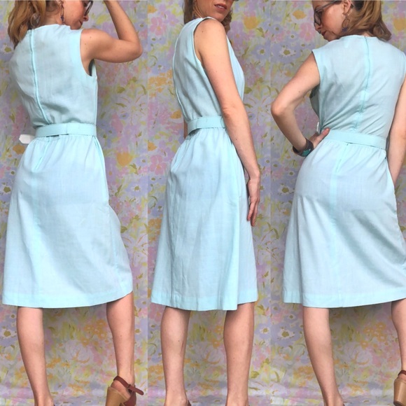 SOLD Vintage✨80s Mint Belted Lattice Midi Dress - Picture 5 of 8